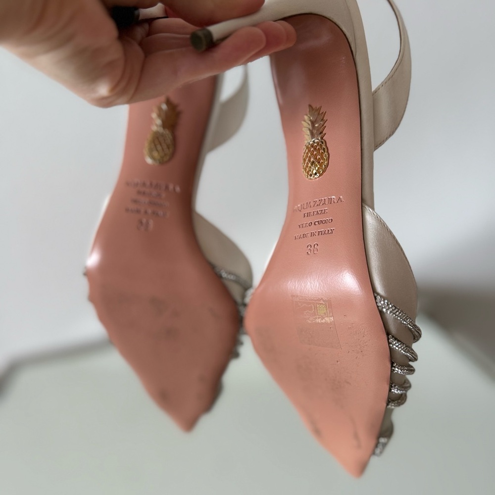 Worn once AQUAZZURA Gatsby 75 crystal-embellished satin slingback pumps - Picture 15 of 16